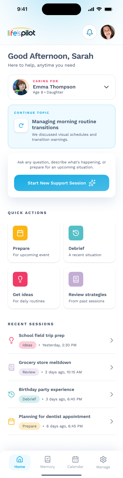 Life'sPilot app screen: caregiver supporting an autistic adult in the community
