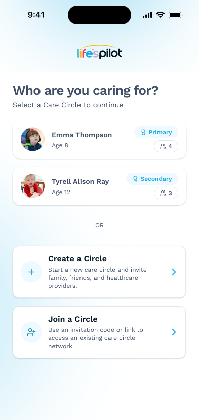 Life'sPilot app screen: family care circle planning autism support